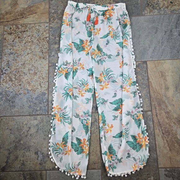 Club Z Collection Size XL White Sheer Coverup Pants Floral Pattern Elastic Waist - Picture 1 of 11